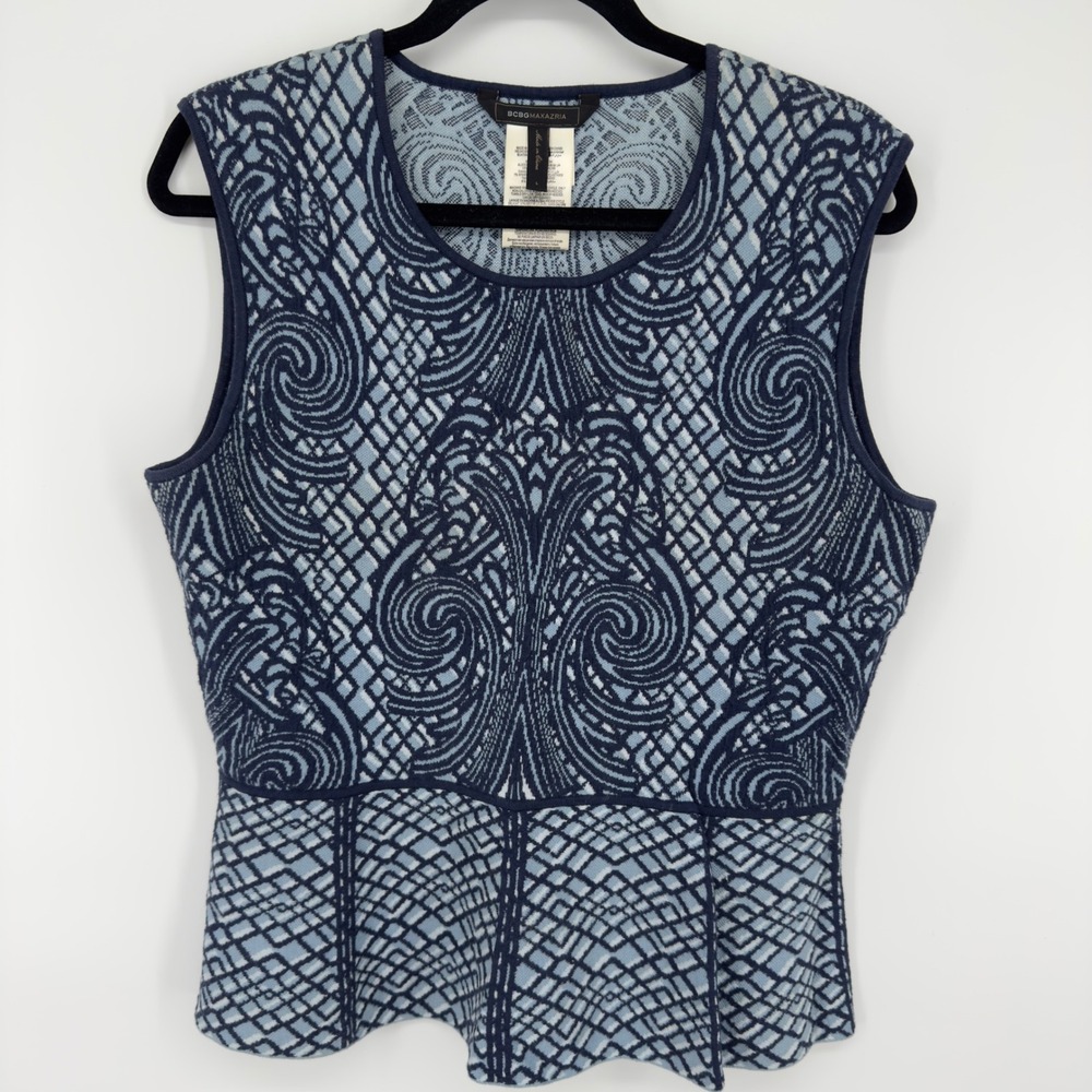 BCBGMAXAZRIA Blue Jacquard Peplum Knit Top Sleeveless Crew Neck Size L